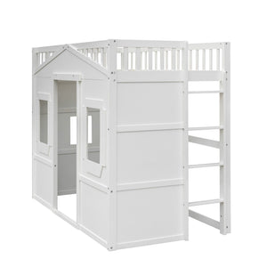 English Elm Twin House Frame Loft Bed Solid Pine White Finish with Guard Rails for Kids LT000335AAK