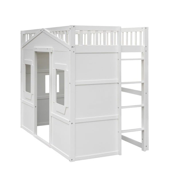 English Elm Twin House Frame Loft Bed Solid Pine White Finish with Guard Rails for Kids LT000335AAK