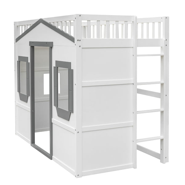 English Elm Twin House Frame Loft Bed Solid Pine Wood Kids Room Elevated Sleeping Platform LT000335AAM