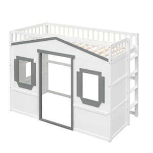 English Elm Twin House Frame Loft Bed Solid Pine Wood Kids Room Elevated Sleeping Platform LT000335AAM