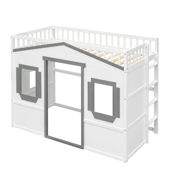 English Elm Twin House Frame Loft Bed Solid Pine Wood Kids Room Elevated Sleeping Platform LT000335AAM