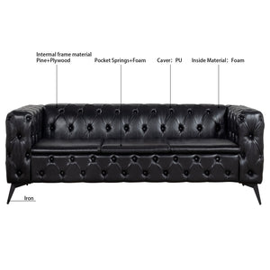English Elm 84.06 Inch Tufted Pu Leather Three Seat Sofa with Sled Iron Legs for Living Room W68041369