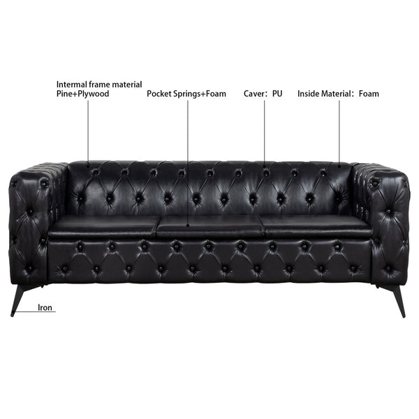 English Elm 84.06 Inch Tufted Pu Leather Three Seat Sofa with Sled Iron Legs for Living Room W68041369