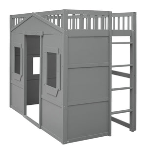 English Elm Twin House Loft Bed Solid Pine Frame with Guard Rails and Ladder for Kids Rooms LT000335AAE