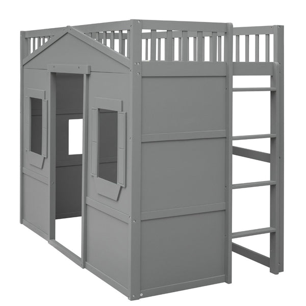 English Elm Twin House Loft Bed Solid Pine Frame with Guard Rails and Ladder for Kids Rooms LT000335AAE