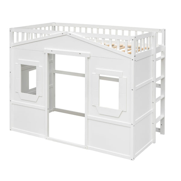 English Elm Twin House Frame Loft Bed Solid Pine White Finish with Guard Rails for Kids LT000335AAK