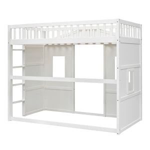 English Elm Twin House Frame Loft Bed Solid Pine White Finish with Guard Rails for Kids LT000335AAK