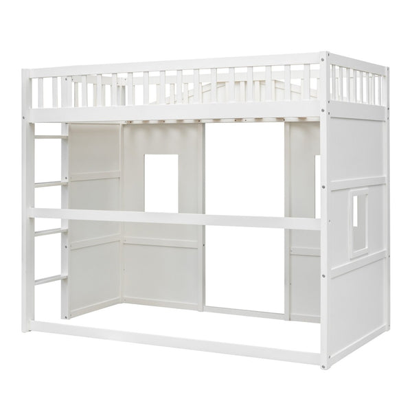 English Elm Twin House Frame Loft Bed Solid Pine White Finish with Guard Rails for Kids LT000335AAK
