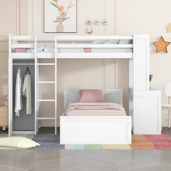 English Elm Twin Loft Bed with Standalone Sleeper Desk Wardrobe and Shelves for Kids Rooms LT000820AAK
