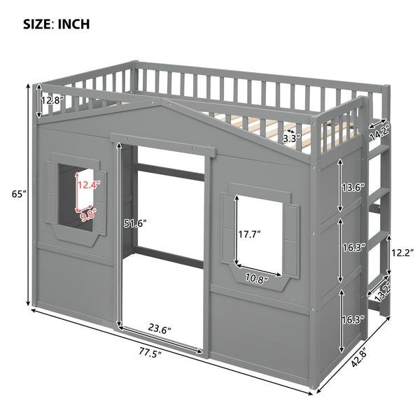 English Elm Twin House Loft Bed Solid Pine Frame with Guard Rails and Ladder for Kids Rooms LT000335AAE