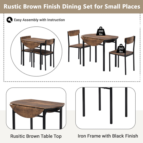 English Elm TOPMAX Modern 3-Piece Round Drop Leaf Dining Set with 2 Chairs, Space-Saving Rustic Brown Top WF290234AAB