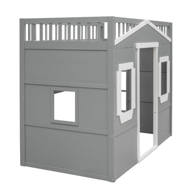 English Elm Twin House Loft Bed Pinewood Frame with Guard Rail and Ladder for Kids Room LT000335AAN