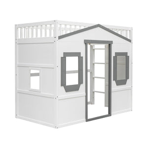 English Elm Twin House Frame Loft Bed Solid Pine Wood Kids Room Elevated Sleeping Platform LT000335AAM