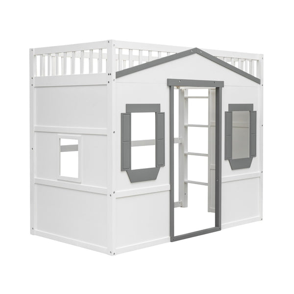 English Elm Twin House Frame Loft Bed Solid Pine Wood Kids Room Elevated Sleeping Platform LT000335AAM