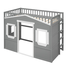 English Elm Twin House Loft Bed Pinewood Frame with Guard Rail and Ladder for Kids Room LT000335AAN