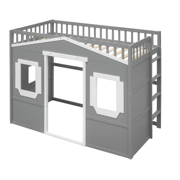 English Elm Twin House Loft Bed Pinewood Frame with Guard Rail and Ladder for Kids Room LT000335AAN