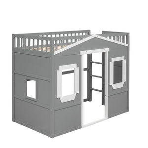 English Elm Twin House Loft Bed Pinewood Frame with Guard Rail and Ladder for Kids Room LT000335AAN