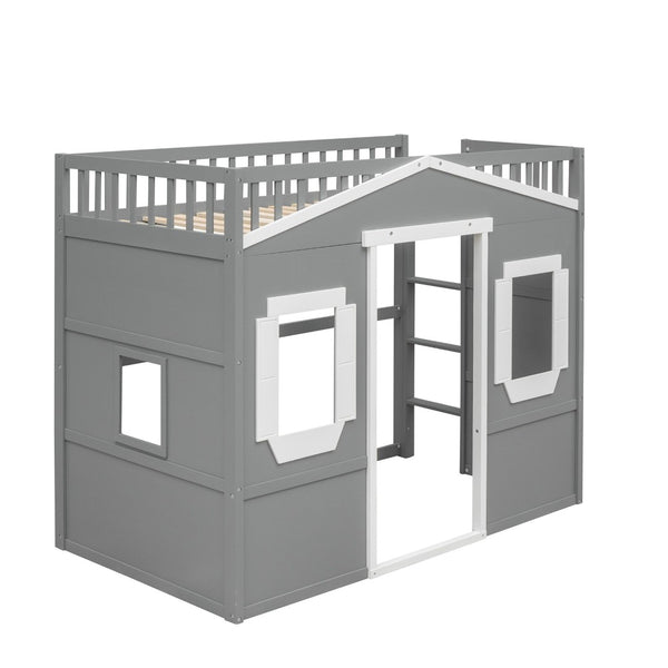 English Elm Twin House Loft Bed Pinewood Frame with Guard Rail and Ladder for Kids Room LT000335AAN