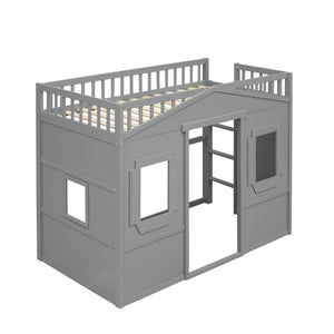 English Elm Twin House Loft Bed Solid Pine Frame with Guard Rails and Ladder for Kids Rooms LT000335AAE