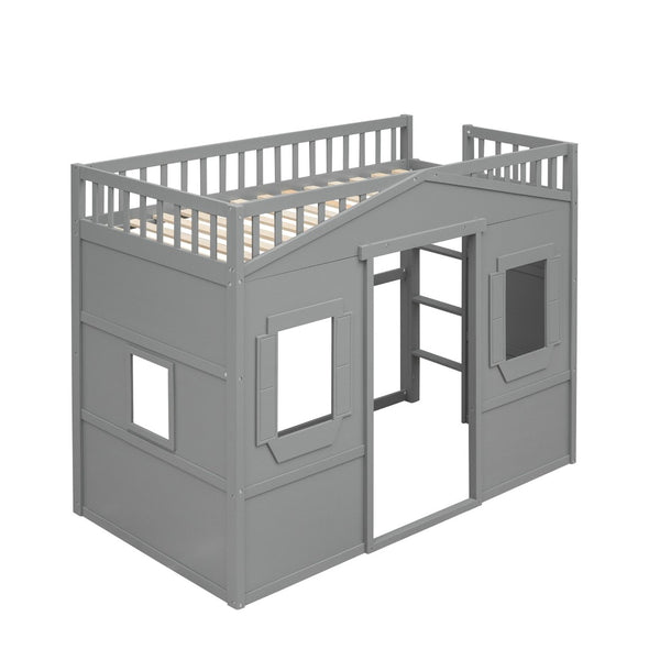 English Elm Twin House Loft Bed Solid Pine Frame with Guard Rails and Ladder for Kids Rooms LT000335AAE