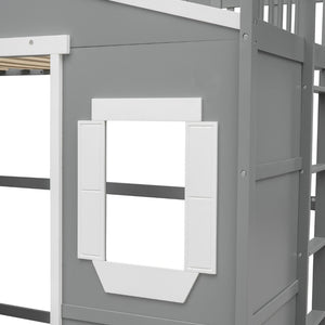 English Elm Twin House Loft Bed Pinewood Frame with Guard Rail and Ladder for Kids Room LT000335AAN