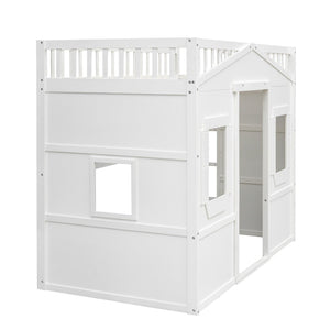 English Elm Twin House Frame Loft Bed Solid Pine White Finish with Guard Rails for Kids LT000335AAK