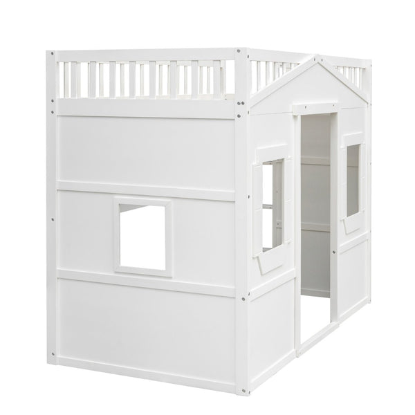 English Elm Twin House Frame Loft Bed Solid Pine White Finish with Guard Rails for Kids LT000335AAK