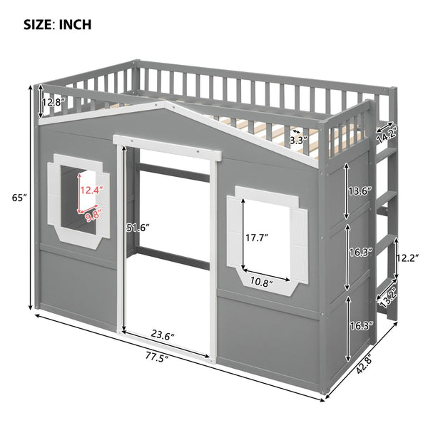 English Elm Twin House Loft Bed Pinewood Frame with Guard Rail and Ladder for Kids Room LT000335AAN