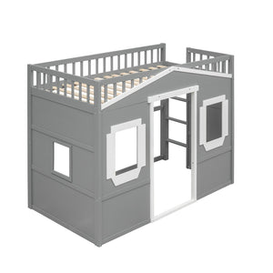 English Elm Twin House Loft Bed Pinewood Frame with Guard Rail and Ladder for Kids Room LT000335AAN