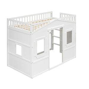 English Elm Twin House Frame Loft Bed Solid Pine White Finish with Guard Rails for Kids LT000335AAK