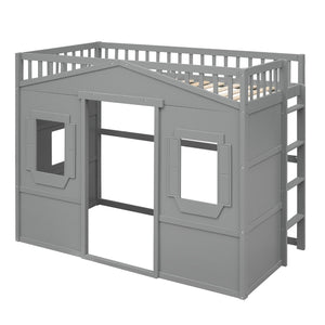 English Elm Twin House Loft Bed Solid Pine Frame with Guard Rails and Ladder for Kids Rooms LT000335AAE