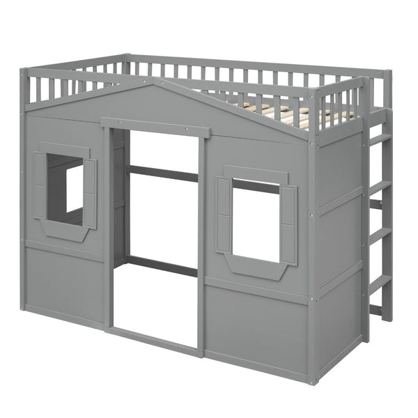 English Elm Twin House Loft Bed Solid Pine Frame with Guard Rails and Ladder for Kids Rooms LT000335AAE