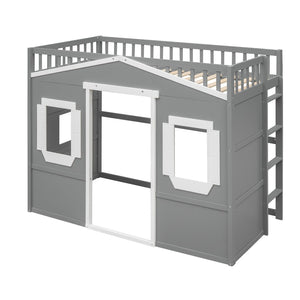 English Elm Twin House Loft Bed Pinewood Frame with Guard Rail and Ladder for Kids Room LT000335AAN