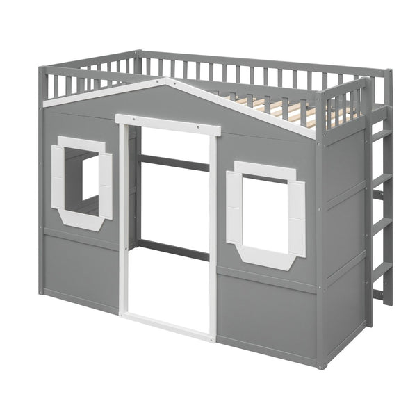English Elm Twin House Loft Bed Pinewood Frame with Guard Rail and Ladder for Kids Room LT000335AAN