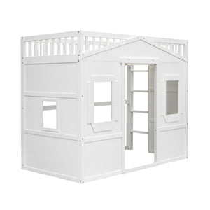 English Elm Twin House Frame Loft Bed Solid Pine White Finish with Guard Rails for Kids LT000335AAK