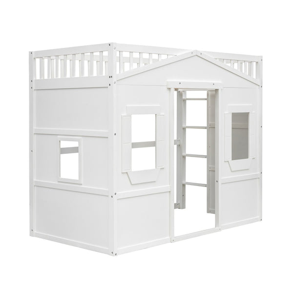 English Elm Twin House Frame Loft Bed Solid Pine White Finish with Guard Rails for Kids LT000335AAK