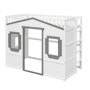 English Elm Twin House Frame Loft Bed Solid Pine Wood Kids Room Elevated Sleeping Platform LT000335AAM
