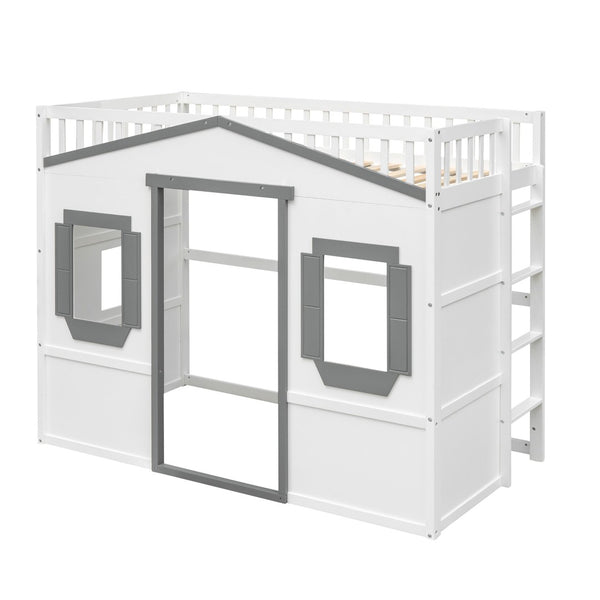 English Elm Twin House Frame Loft Bed Solid Pine Wood Kids Room Elevated Sleeping Platform LT000335AAM