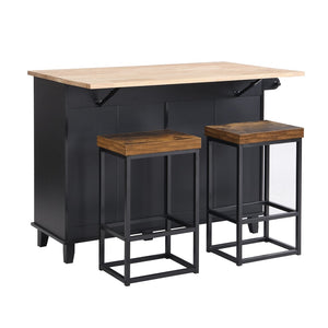 Hearth and Haven Sydney Farmhouse Kitchen Island Set with Drop Leaf and 2 Backless Stools, Black and Rustic Brown