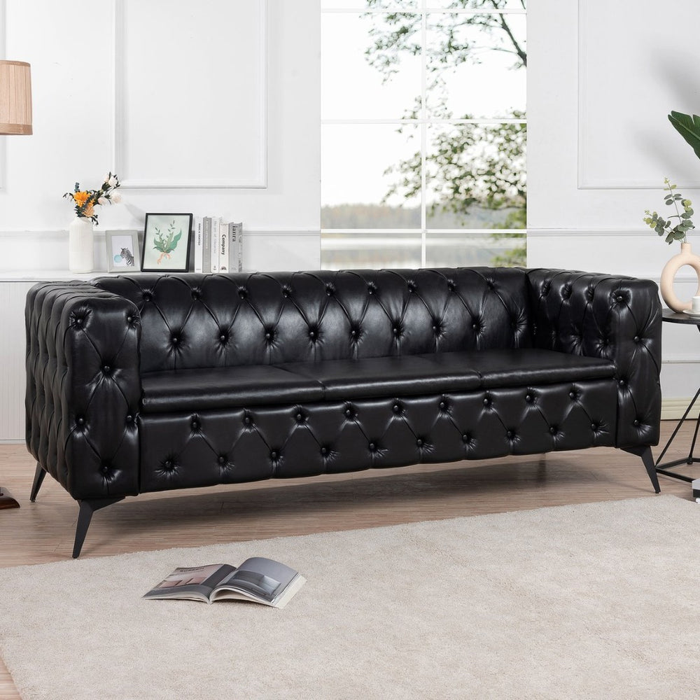 English Elm 84.06 Inch Tufted Pu Leather Three Seat Sofa with Sled Iron Legs for Living Room W68041369