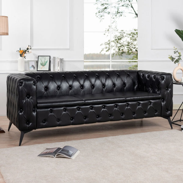 English Elm 84.06 Inch Tufted Pu Leather Three Seat Sofa with Sled Iron Legs for Living Room W68041369