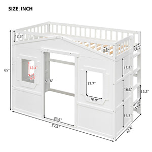 English Elm Twin House Frame Loft Bed Solid Pine White Finish with Guard Rails for Kids LT000335AAK