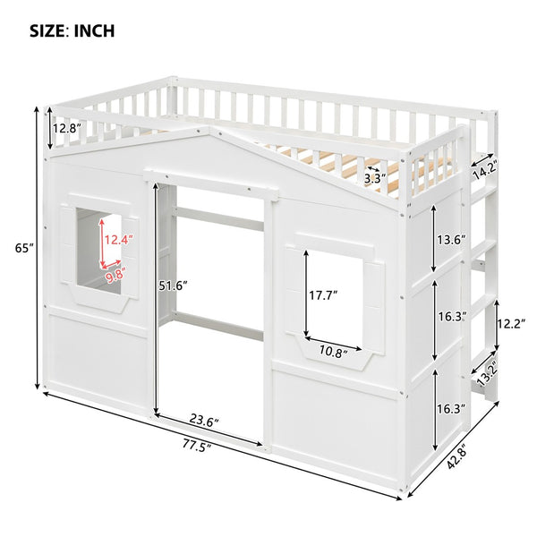 English Elm Twin House Frame Loft Bed Solid Pine White Finish with Guard Rails for Kids LT000335AAK