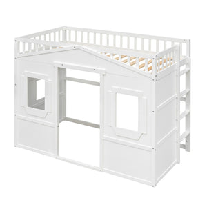 English Elm Twin House Frame Loft Bed Solid Pine White Finish with Guard Rails for Kids LT000335AAK