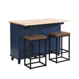 Sydney Farmhouse Kitchen Island Set with Drop Leaf and 2 Backless Stools, Blue, Black and Brown