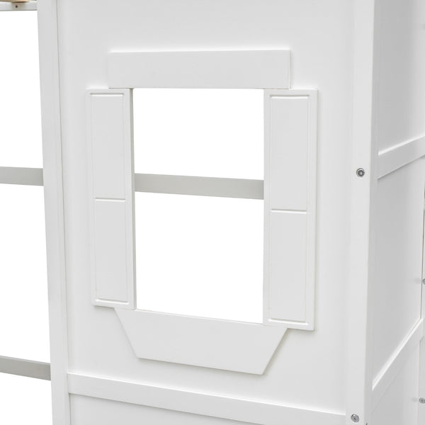 English Elm Twin House Frame Loft Bed Solid Pine White Finish with Guard Rails for Kids LT000335AAK