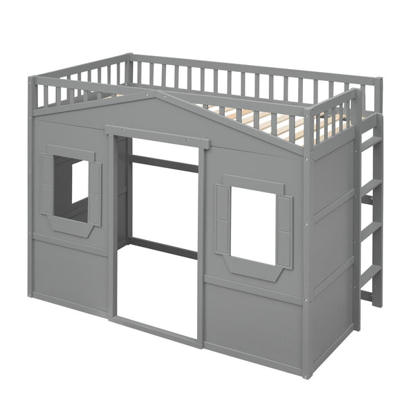 English Elm Twin House Loft Bed Solid Pine Frame with Guard Rails and Ladder for Kids Rooms LT000335AAE