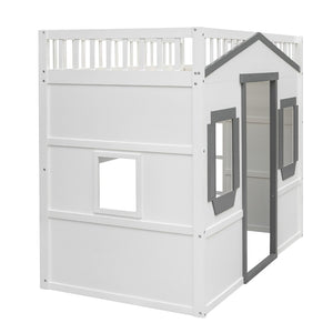 English Elm Twin House Frame Loft Bed Solid Pine Wood Kids Room Elevated Sleeping Platform LT000335AAM