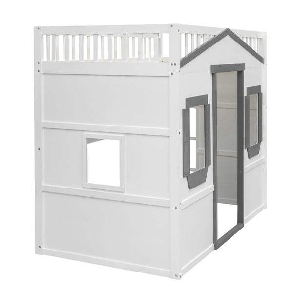 English Elm Twin House Frame Loft Bed Solid Pine Wood Kids Room Elevated Sleeping Platform LT000335AAM