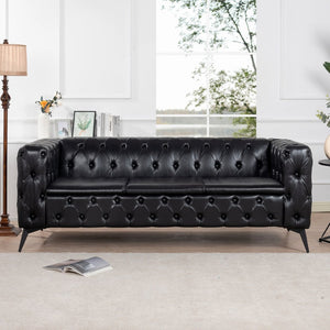 English Elm 84.06 Inch Tufted Pu Leather Three Seat Sofa with Sled Iron Legs for Living Room W68041369